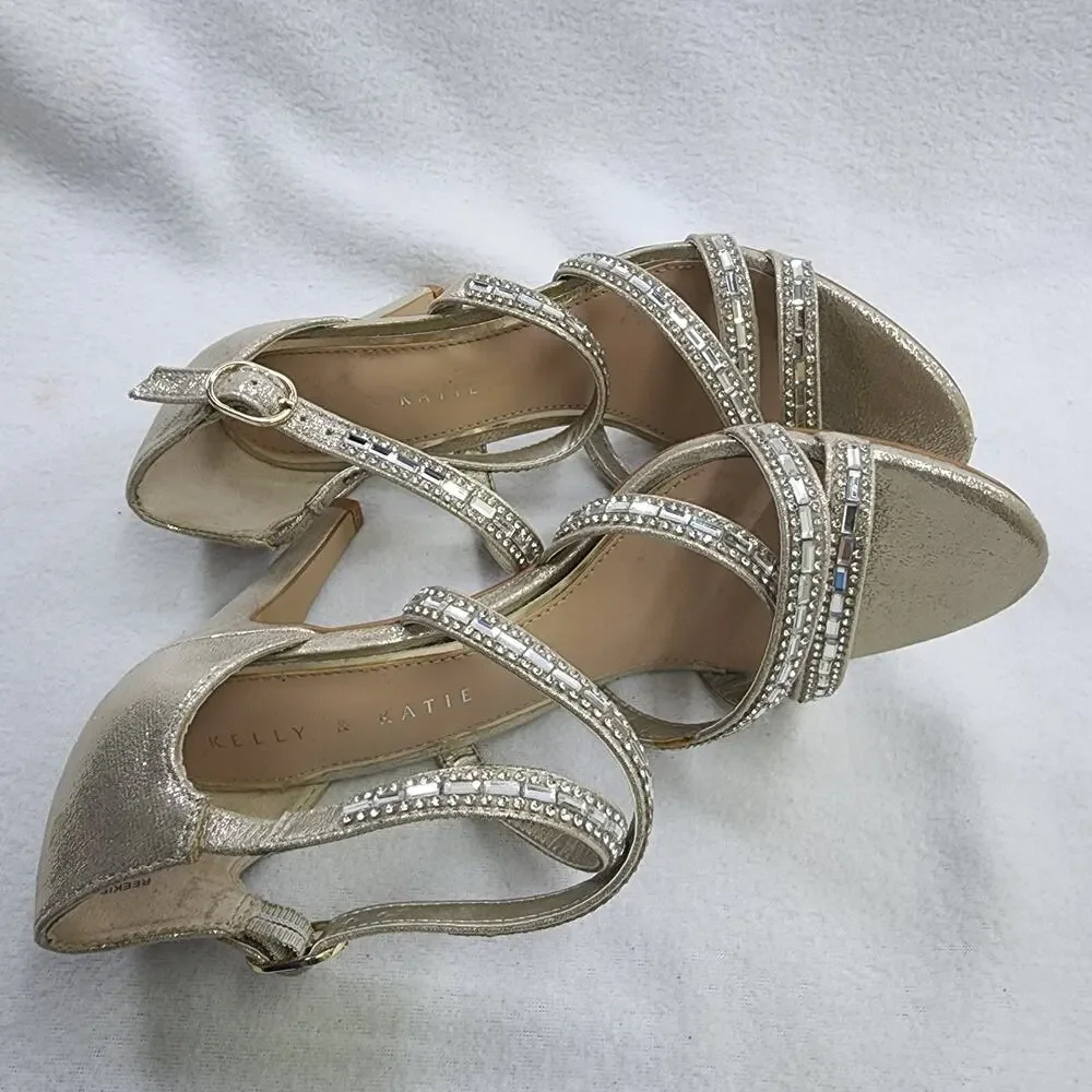 Kelly & Katie Shoes 6.5 High Heel Strappy Pumps BEIGE Gold Glass Night Out Sexy - Picture 6 of 11